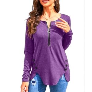 Purple Zipper & Button Detail Women's Long Sleeve Top